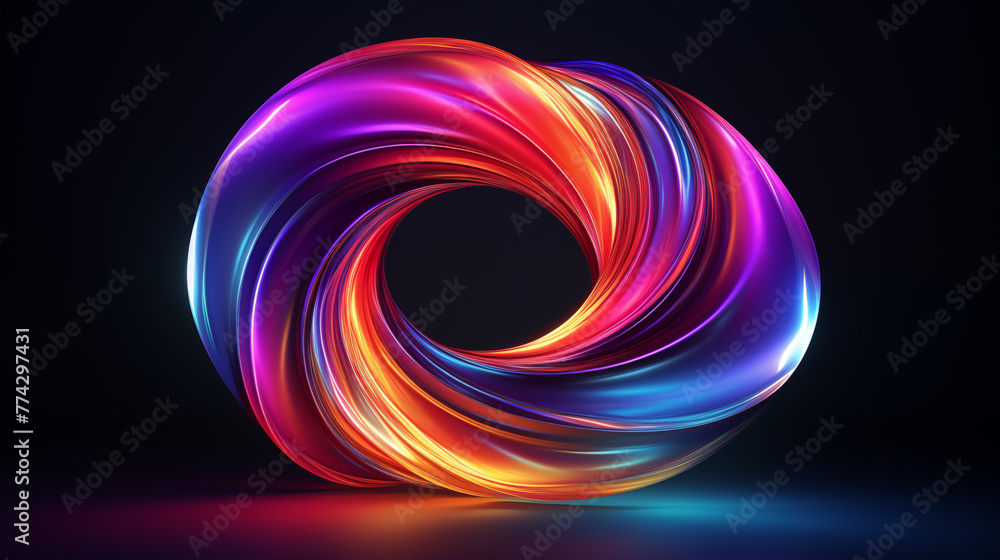 Poster swirling form with iridescent colors 3d rendering image. abstract digital artwork on black backgroun