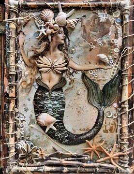 Mermaid Crown of Seashells A Whimsical Mixed Media Collage Art Page Inspired by Folk Art and EarthTone Colors