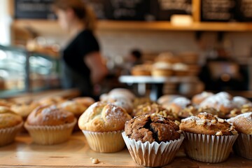 closeup assortment of muffins and loaves on display in front, with the silhouette or blurred figure behind working at a counter or bar area. menu items, adding to the rustic coffee shop ambiance