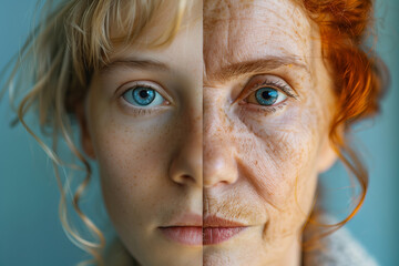 a split portrait of an old woman and young girl. representing the progress of time, aging, skincare, and the contrast between youth and old age