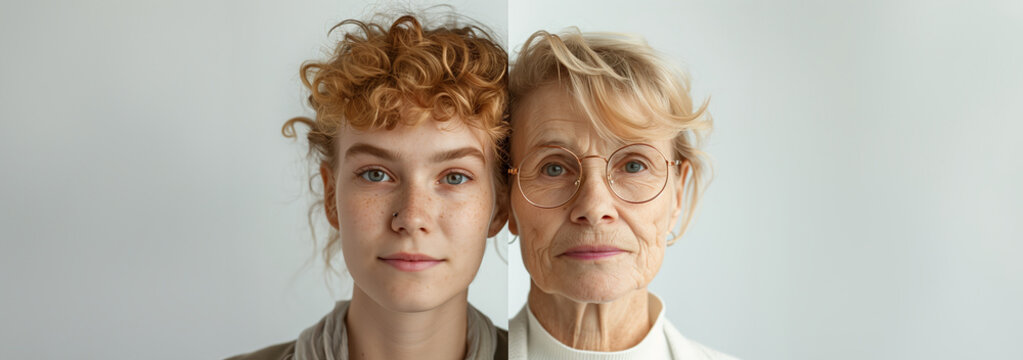 a split portrait of a mother and daughter. representing the progress of time, aging, skincare, and the contrast between youth and old age. with copy space