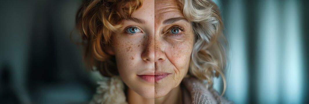 a split portrait of an old woman and young girl. representing the progress of time, aging, skincare, and the contrast between youth and old age. with copy space
