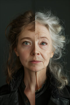 a split portrait of an old woman and young girl. representing the progress of time, aging, skincare, and the contrast between youth and old age