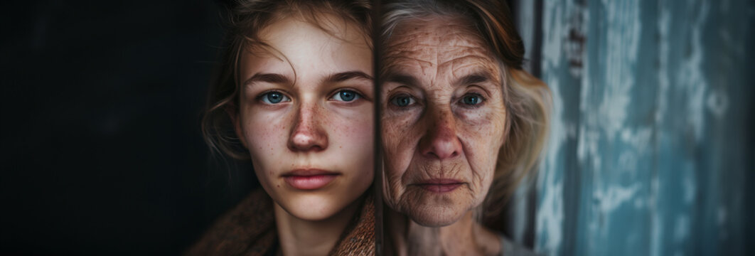 a split portrait of an old woman and young girl. representing the progress of time, aging, skincare, and the contrast between youth and old age. with copy space