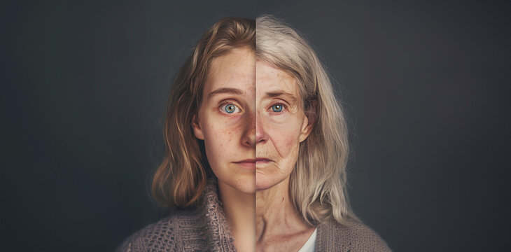 a split portrait of an old woman and young girl. representing the progress of time, aging, skincare, and the contrast between youth and old age. with copy space