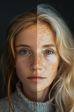 a split portrait of an old woman and young girl. representing the progress of time, aging, skincare, and the contrast between youth and old age