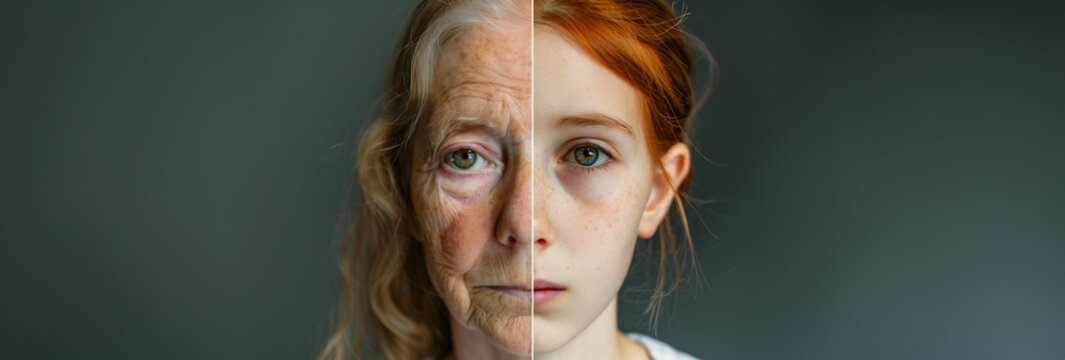 a split portrait of an old woman and young girl. representing the progress of time, aging, skincare, and the contrast between youth and old age. with copy space