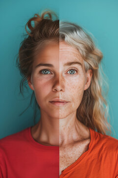 A split portrait of a woman and girl when they were young and old. representing the progress of time, aging, skincare, and the contrast between youth and old age