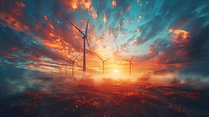Renewable energy concept Solar panels and wind turbines silhouetted against sunset clouds, harnessing eco-friendly power - obrazy, fototapety, plakaty