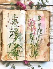 Vintage Watercolor Floral A of Botanical and Delicate Balance in a Junk Journal Page