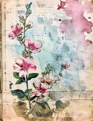 Vintage Watercolor Flowers Adorning a Junk Journal Page A of Botanical