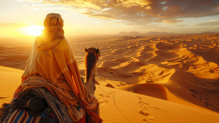 Woman on camel in desert at sunset - obrazy, fototapety, plakaty
