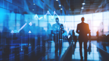 Business leader explaining strategy, double exposure with profit growth arrows, promoting team understanding and alignment to achieve corporate goals in an office environment.