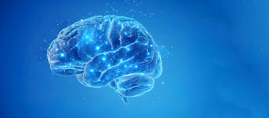  Surreal Human brain on blue background. Brain clearly visible: the frontal, temporal, parietal and occipital lobes. Copy space - obrazy, fototapety, plakaty