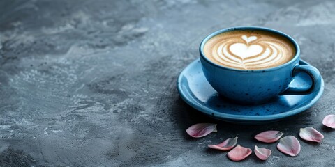 Cappuccino with a heart-shaped pattern in a blue ceramic cup, decorated with pink petals on a dark gray background.