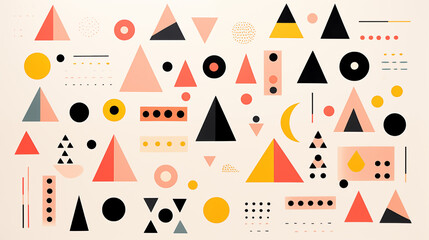 Geometric shapes ensemble background image. Playful and balanced composition flat colorful illustration backdrop horizontal. Warm, inviting color palette geometry wallpaper art concept