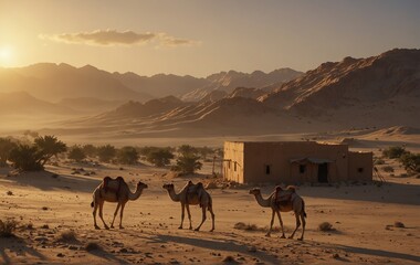 Fototapeta na wymiar desert with camels and Bedouin house at sunrise, Very realistic, 8k quality, hyper realistic, ultra realism