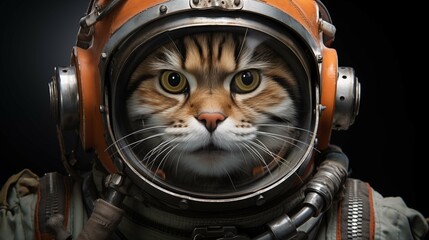 Close-up of determined cat in space helmet character anthropomorphic. Whiskered cosmos adventurer whimsical animal portrait humanlike. Anthropomorphism concept photography photorealistic - obrazy, fototapety, plakaty