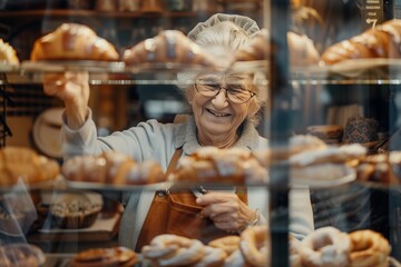 Portrait of happy senior woman working in bakery shop, taking away croissant from display case, smile on face, holding cutlery and looking at camera through glass window with pastries inside - obrazy, fototapety, plakaty