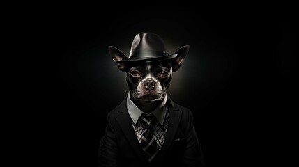Boston Terrier in hat and suit gazes intently character anthropomorphic. Mysterious charm canine whimsical animal portrait humanlike. Anthropomorphism concept photography photorealistic