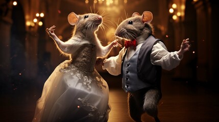 Elegant rats in formal attire dance in ballroom anthropomorphic scene. Graceful aristocratic mice waltzing animals humanlike image fantasy. Anthropomorphism concept picture photorealistic