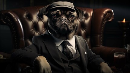 Detective outfit pug sits in leather armchair character anthropomorphic. Intellectual dog whimsical animal portrait humanlike. Anthropomorphism concept photography photorealistic