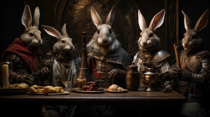Group of rabbit knights in medieval anthropomorphic scene. Hearty feast bunnies chivalrous historical animals humanlike image fantasy. Anthropomorphism concept picture photorealistic - obrazy, fototapety, plakaty