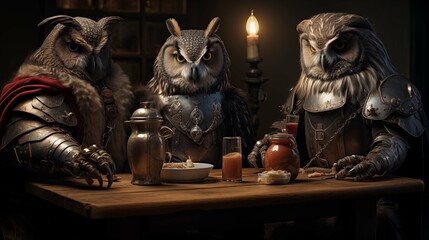 Owl knights in elaborate armor at banquet anthropomorphic scene. Medieval historical parody knightly birds humanlike image fantasy. Anthropomorphism concept picture photorealistic