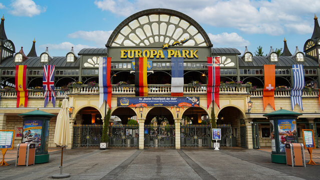 Rust, Germany - 6 July 2021: Europa-Park main entrance building of the largest theme park in Germany, without people on a sunny day