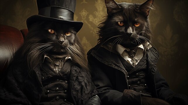 Pair of black cats dressed in vintage formal wear anthropomorphic scene. Air of aristocracy feline animals humanlike image fantasy. Anthropomorphism concept picture photorealistic