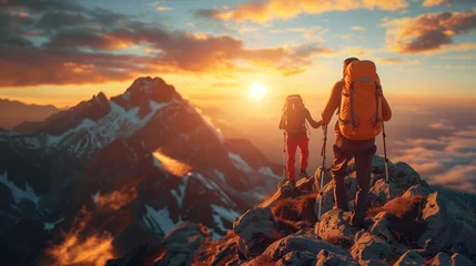 Zelfklevend Fotobehang Hikers Reach the Mountain Top, Friendship Concept, Gen AI © Nicolae