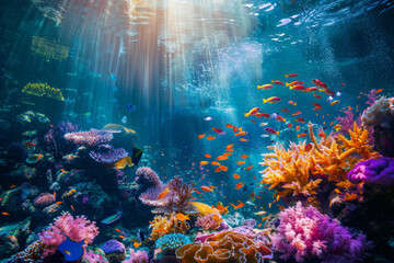 A colorful coral reef with a variety of fish swimming around - obrazy, fototapety, plakaty