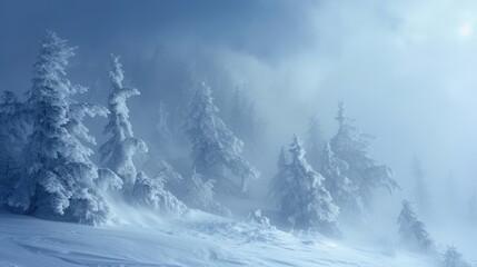 A blizzard engulfing a forest, with snow-covered trees bending in the strong winds. - obrazy, fototapety, plakaty