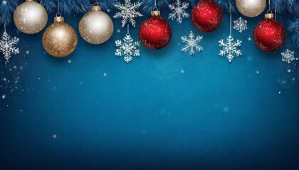 Christmas background with a blue color, decorated with snowflakes and Christmas balls, with a Copy space