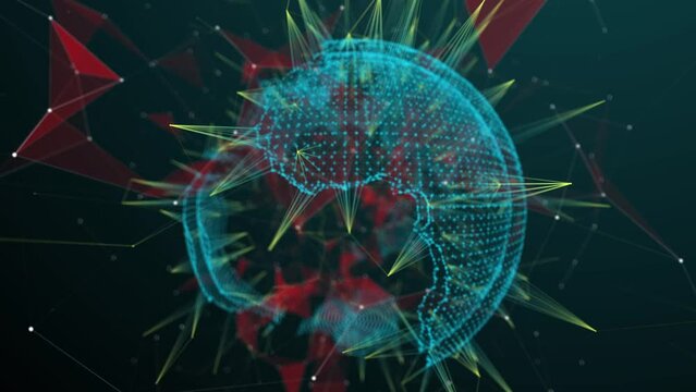 Abstract video with a digital image of the planet Earth, an Easter egg, space with lines and particles interacting with each other, the concept of the interaction of religion with the modern
