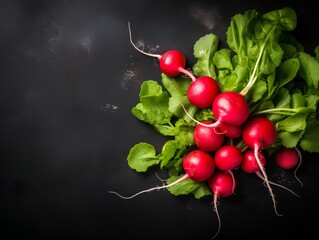 Juicy fresh bunch of radishes in drops of water on a cutting board on a dark background - Powered by Adobe