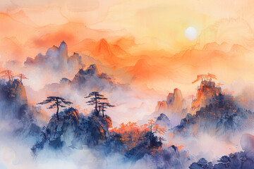 A painting of mountains with a sun in the sky