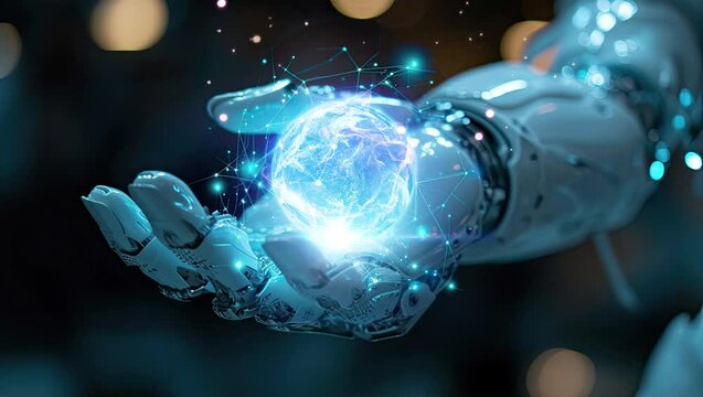 concept of AI helping people, cooperation at work with modern futuristic background,