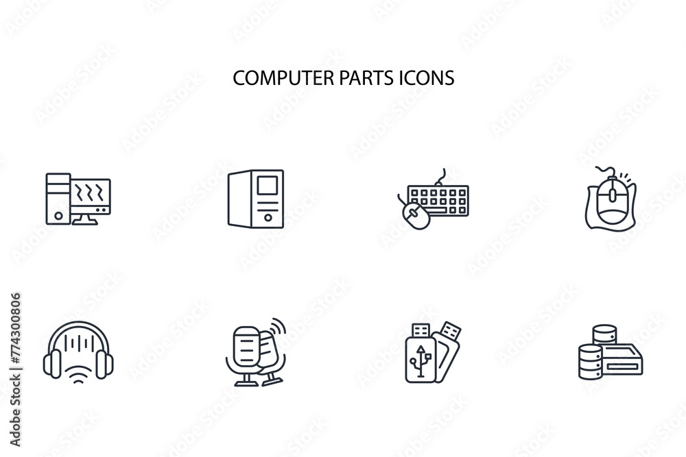 Poster computer parts icon set.vector.editable stroke.linear style sign for use web design,logo.symbol illu