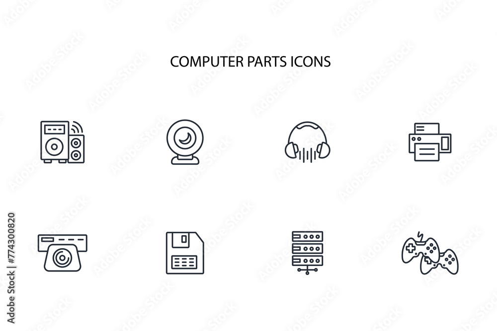 Poster computer parts icon set.vector.editable stroke.linear style sign for use web design,logo.symbol illu