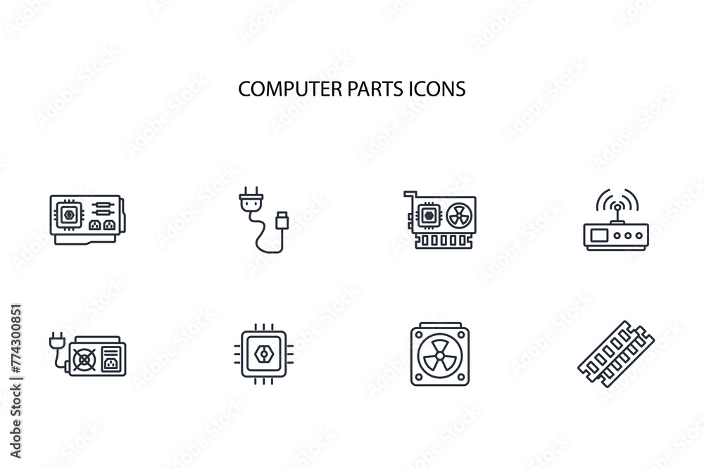 Poster computer parts icon set.vector.editable stroke.linear style sign for use web design,logo.symbol illu