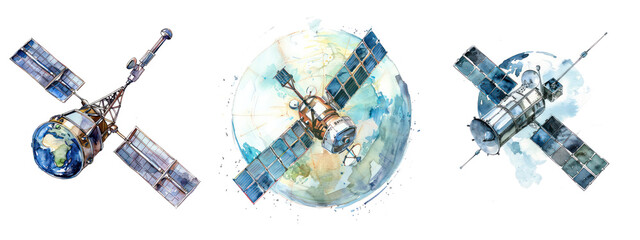 set of Watercolor illustration of a satellite orbiting Earth a symbol of communication and observation,transparent background