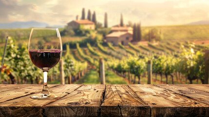 A glass of red wine is on a wooden table in front of a vineyard