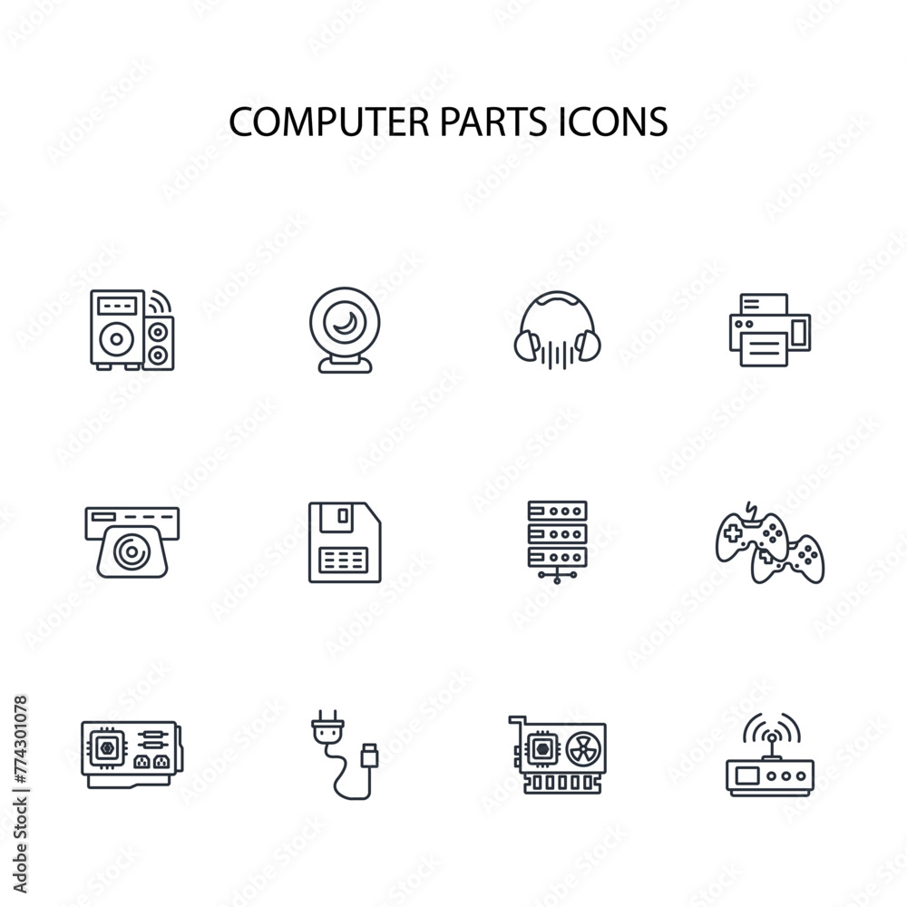 Poster computer parts icon set.vector.editable stroke.linear style sign for use web design,logo.symbol illu