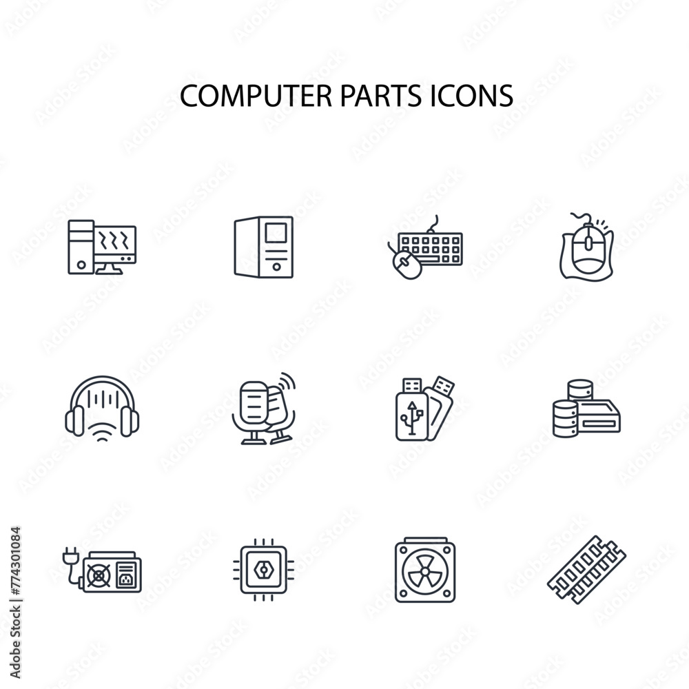 Poster computer parts icon set.vector.editable stroke.linear style sign for use web design,logo.symbol illu