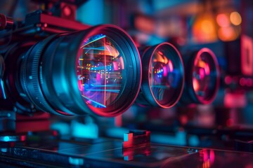 A high-quality detailed image of camera lenses with colorful light reflections, highlighting the intricacy of photography equipment