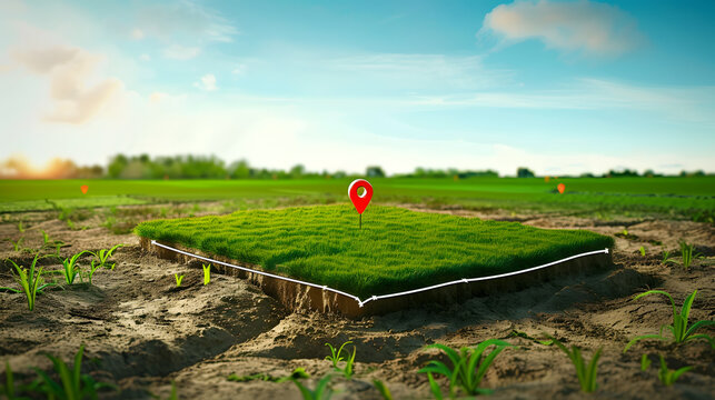 Location pin icon on green land plot, estate investment, land plot for construction project. 3d ground slice section