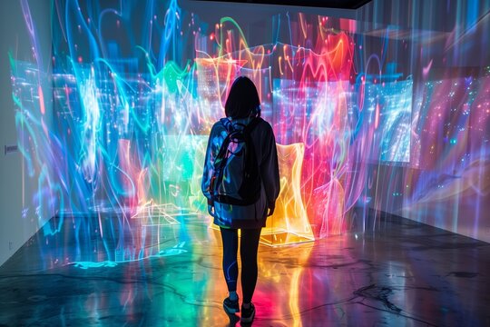A lone spectator is engrossed by the mesmerizing patterns of a colorful light art exhibit, reflecting a blend of technology and creativity