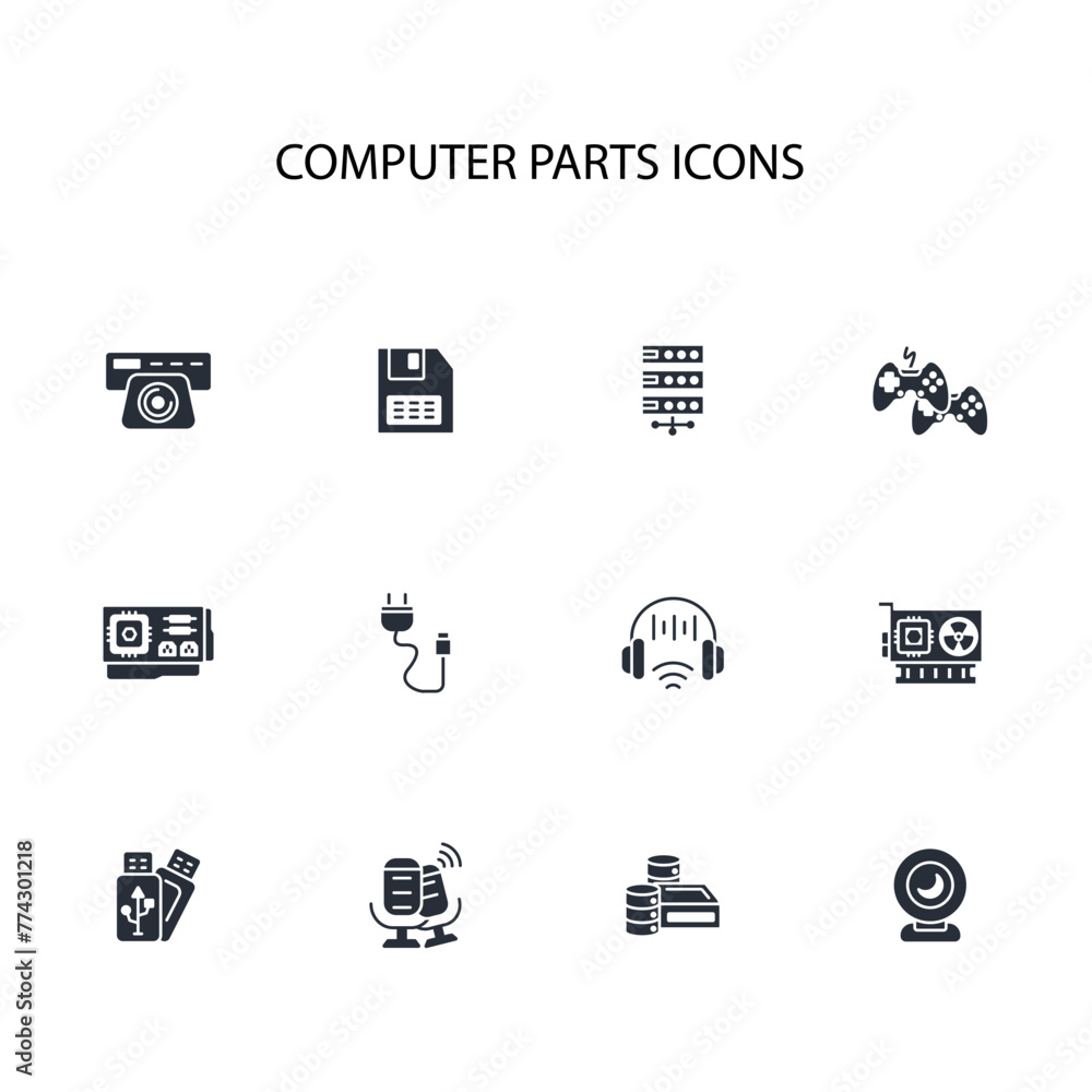 Poster computer parts icon set.vector.editable stroke.linear style sign for use web design,logo.symbol illu