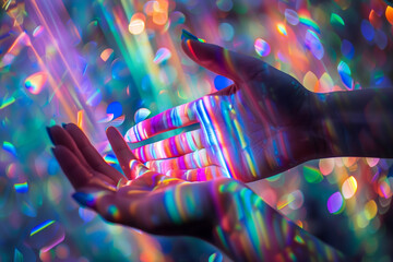 A vivid portrayal of a hand interacting with a shower of colorful light reflections creating an almost magical touch - obrazy, fototapety, plakaty